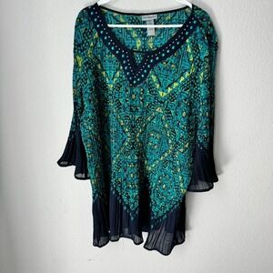 Catherines Geometric Tribal Print Rhinestone Tunic Top Teal Navy 3X 26/28W